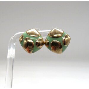 Vintage 80s Green Enamel‎ Gold Tone Pierced Stud Square Abstract Animal Print